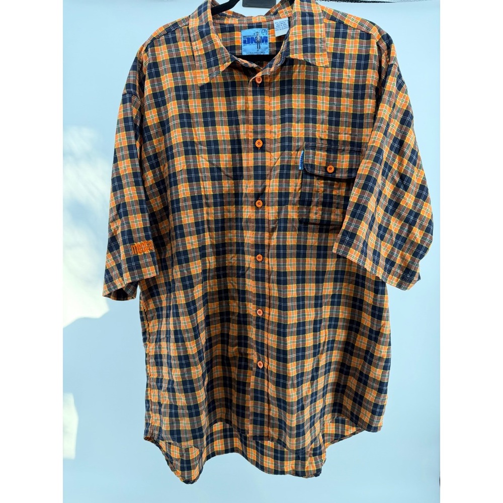 Vintage Mecca USA DNM Plaid Short Sleeve Shirt Mens XXL Orange Navy 90s Hip Hop